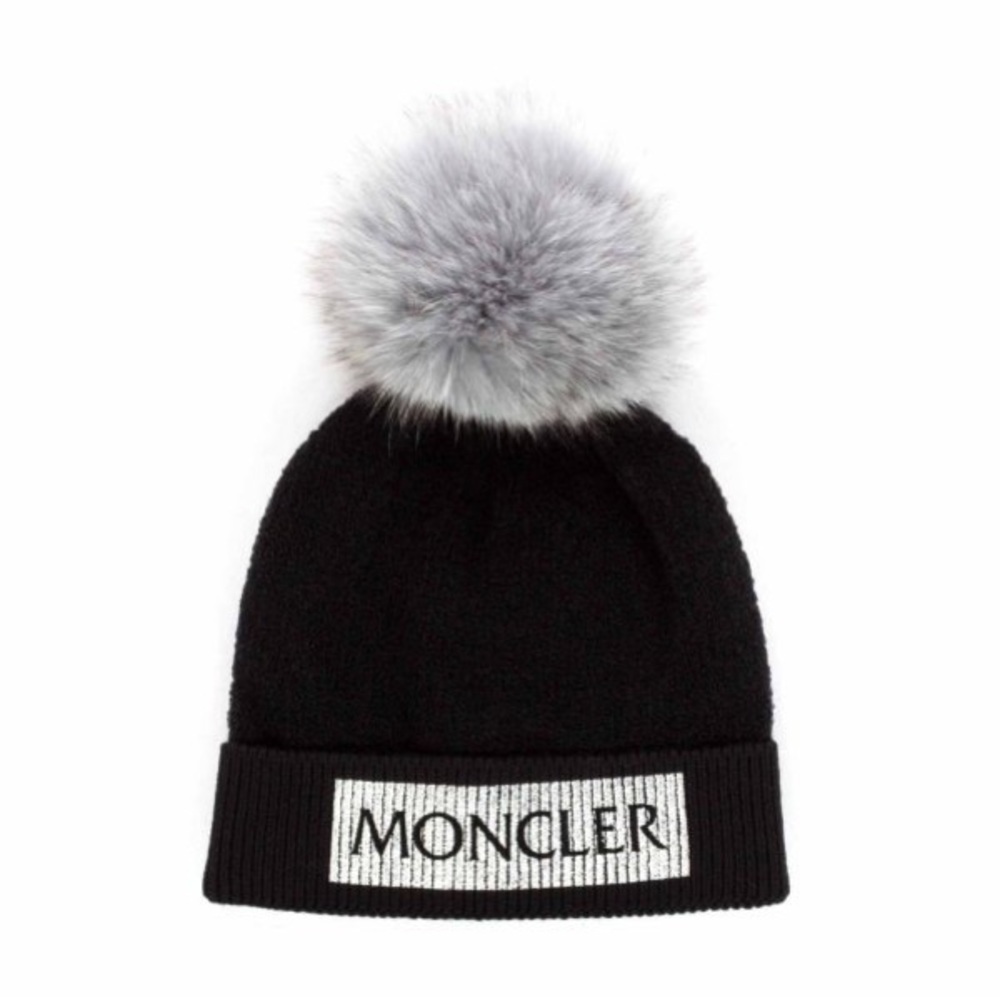 Moncler Black Beanie with real fur pom pom